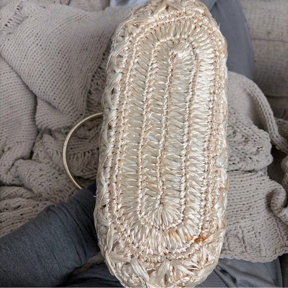 Vintage 1960’s straw raffia gold frame kiss lockWoven Straw Cream Top-Handle Bag - Picture 2 of 6